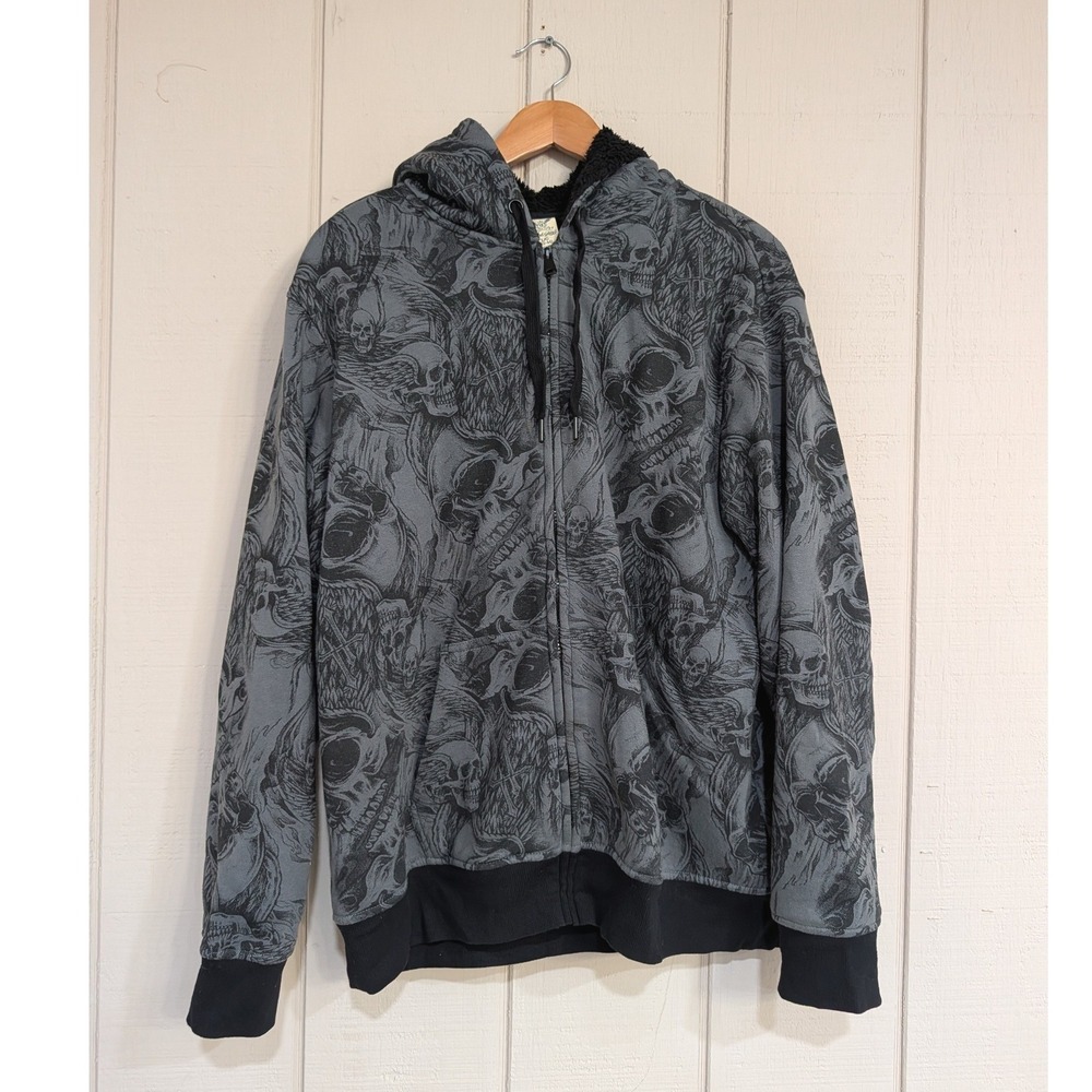 Y2K Mens Skull Reaper Sherpa Lined Full Zip Hoodie Grey Black L Grunge Goth